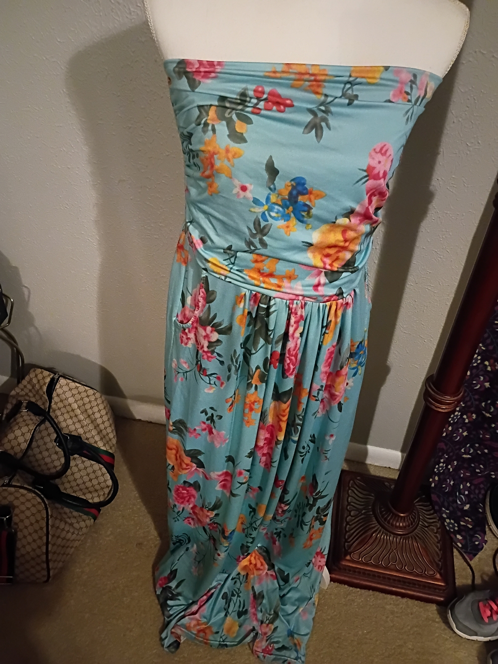 Strapless Floral Maxi Dress in Light Blue